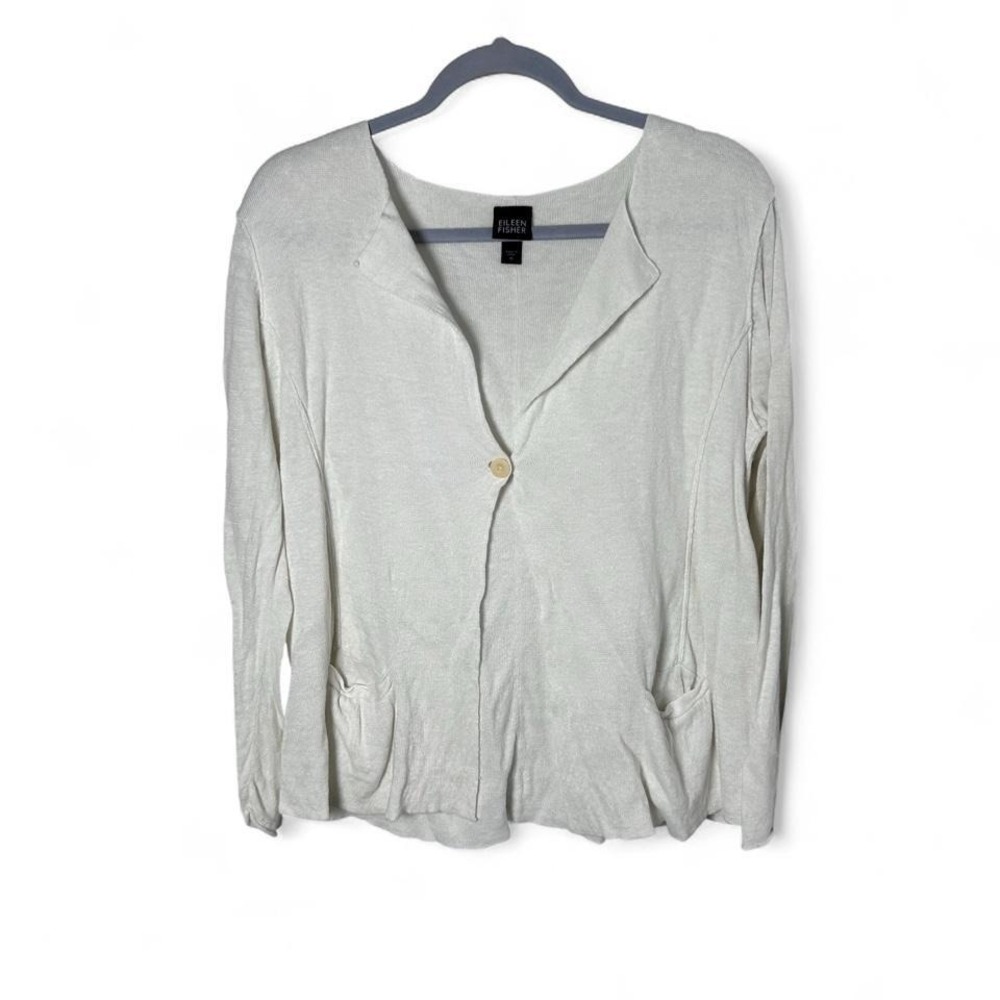 EILEEN FISHER Sweater M Linen Stretch Cardigan One Button Blazer White